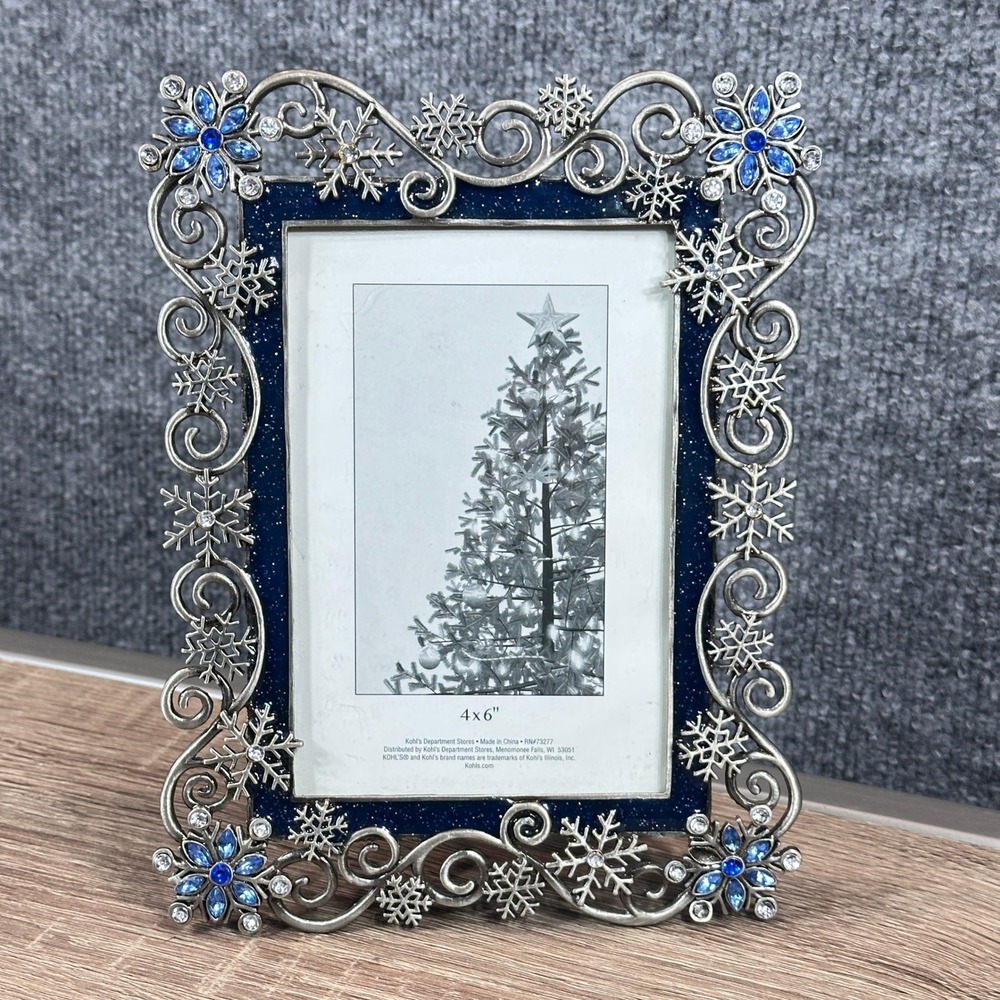 Kohl's Jeweled Snowflake Silver Blue Glitter 4x6 Frame Frozen Filigree Victorian